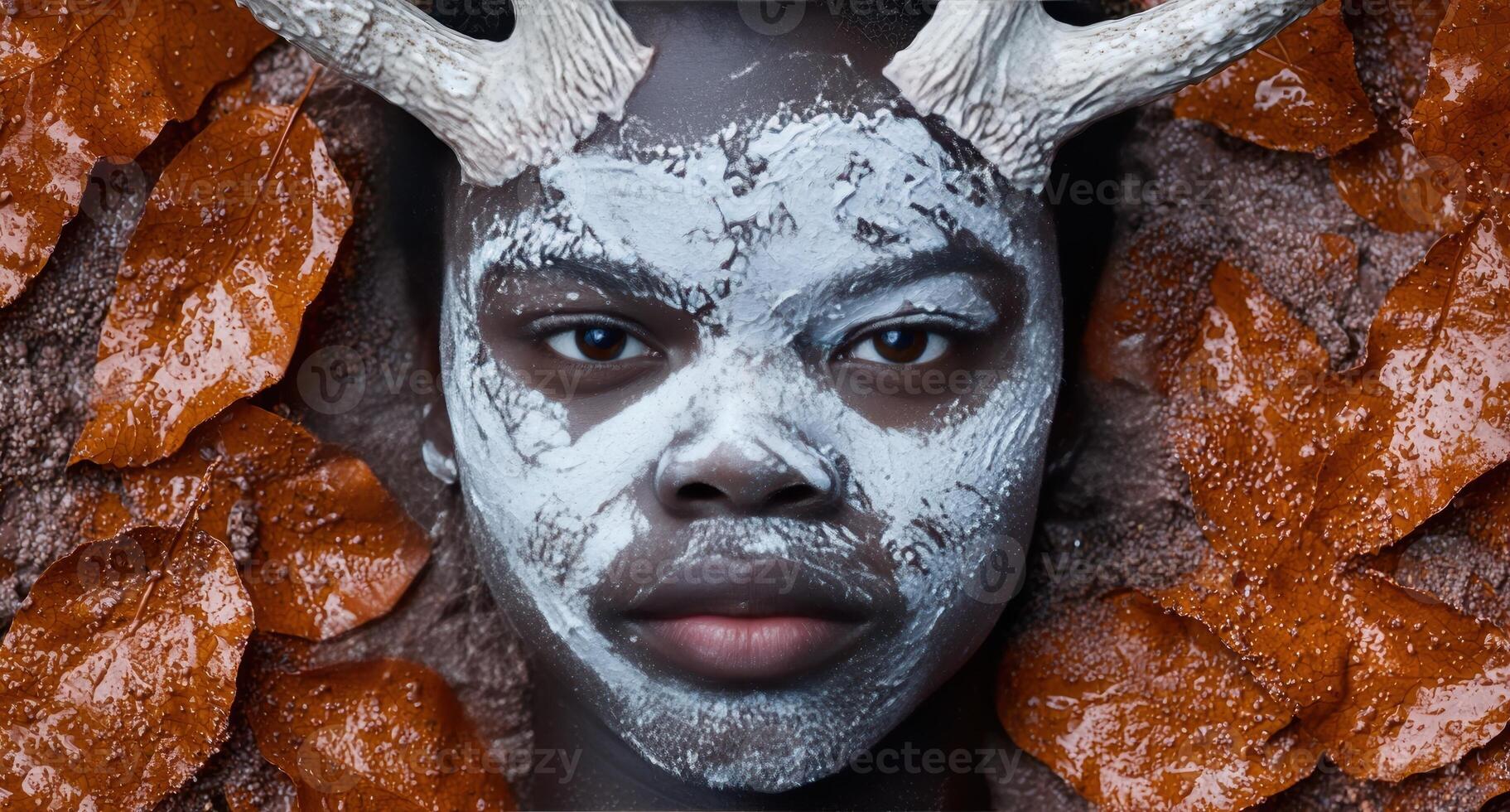 A portrait of a person with face paint and antlers surrounded by leaves photo