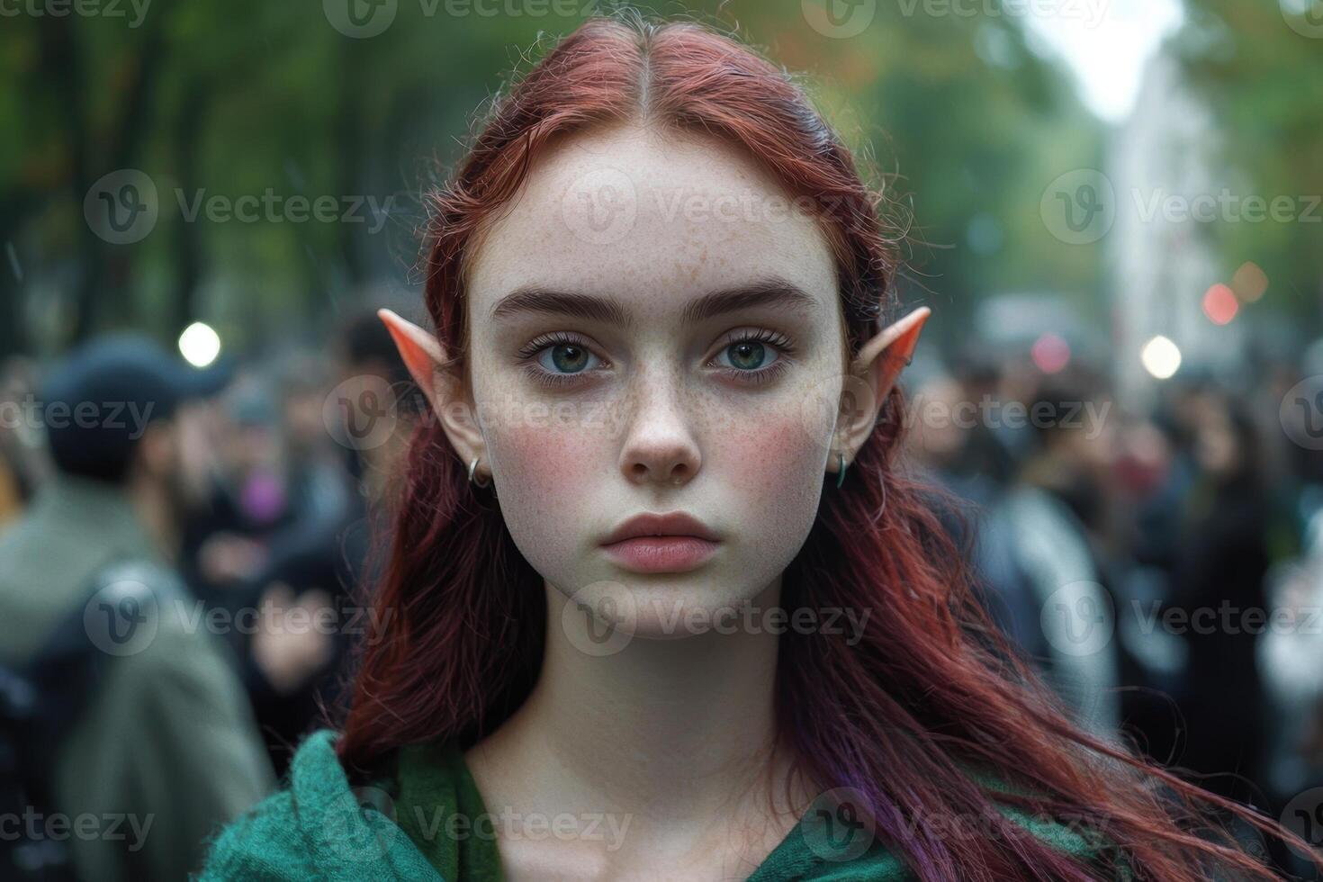 Portrait of a young elf woman with freckles in a crowd photo