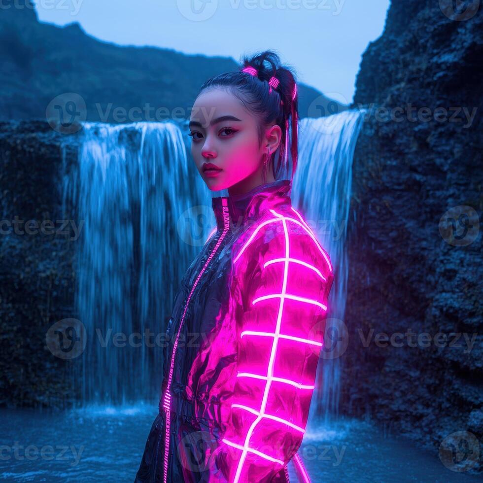 A woman in a neon jacket stands in front of a waterfall photo