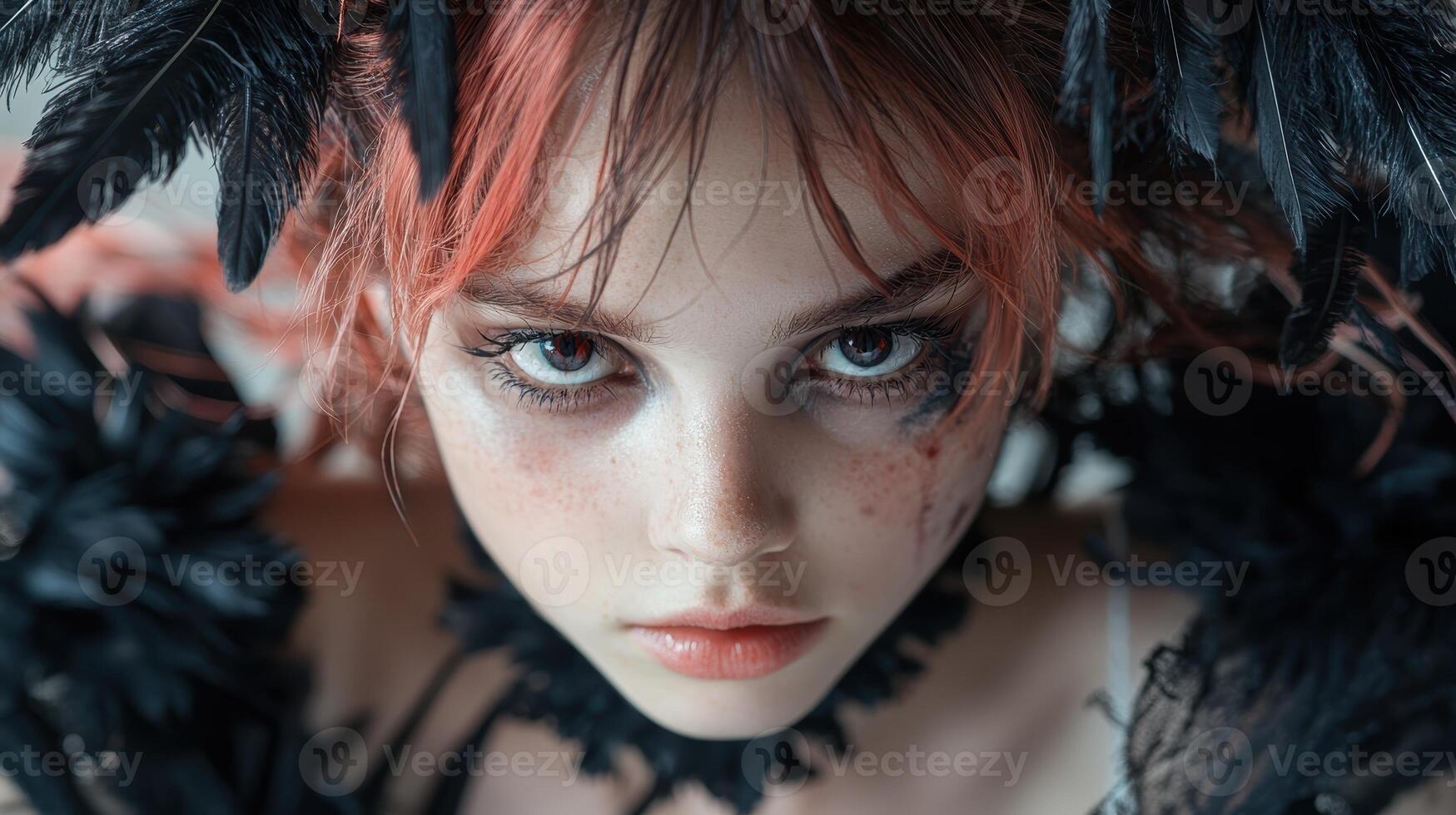 Intense portrait of a young woman with dramatic makeup and feathered accessories photo