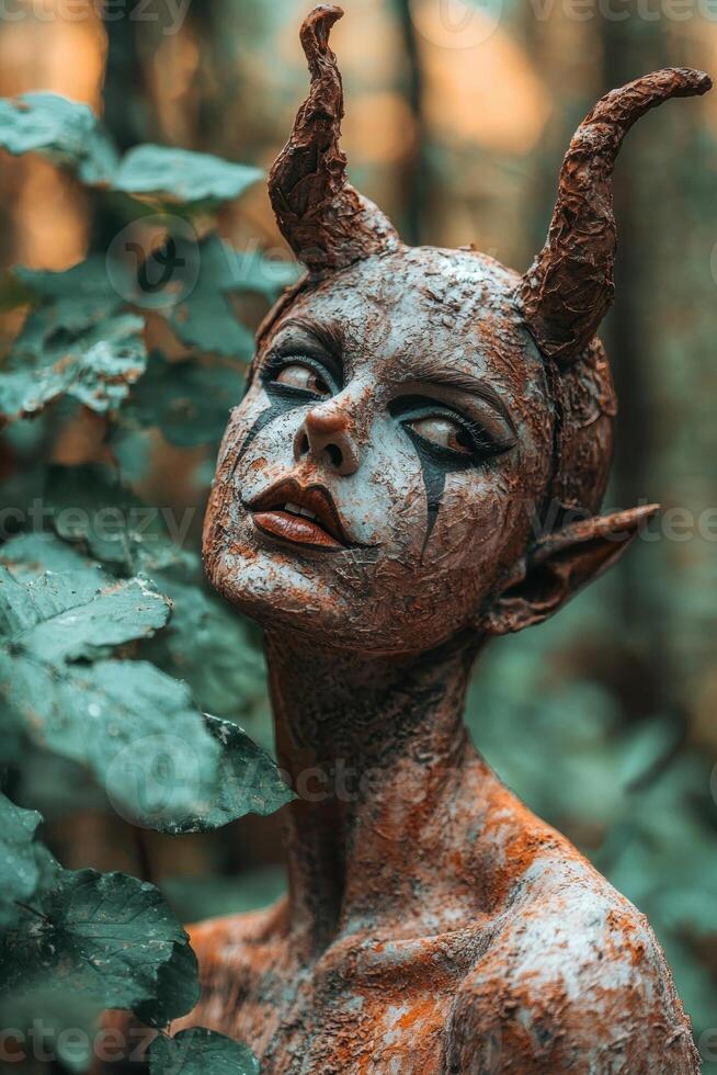 A demonic creature with horns and pale skin stands in a forest photo