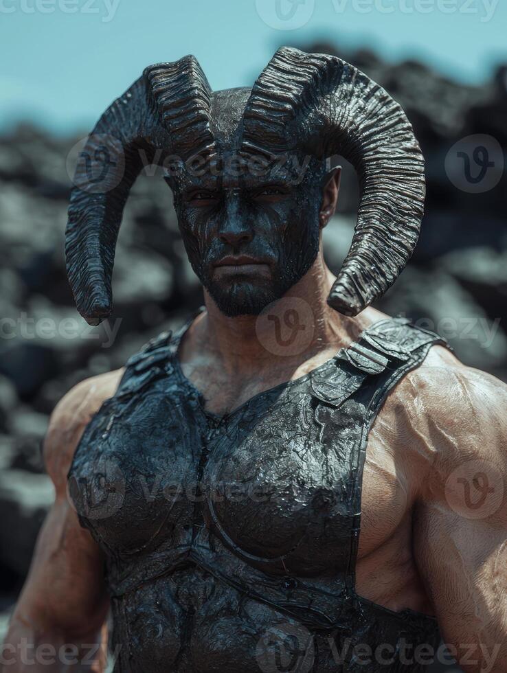 A muscular fantasy warrior with ram horns and dark armor stands ready for battle photo