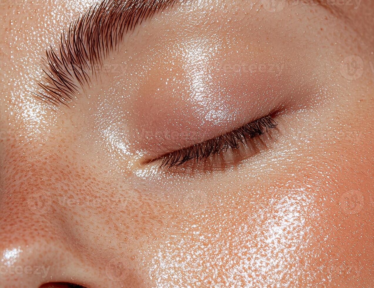 Close up of a womans face with glowing skin and makeup photo