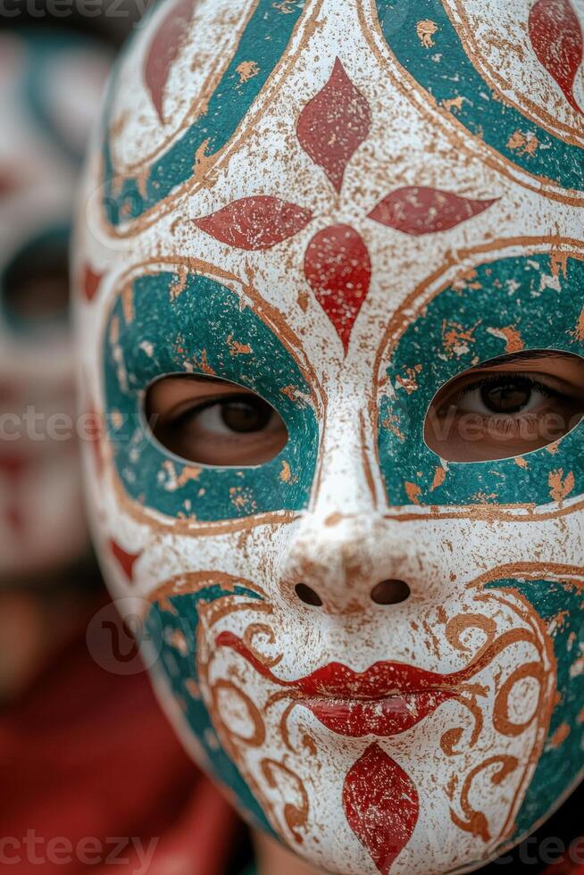 Person wearing a decorative mask with intricate designs photo