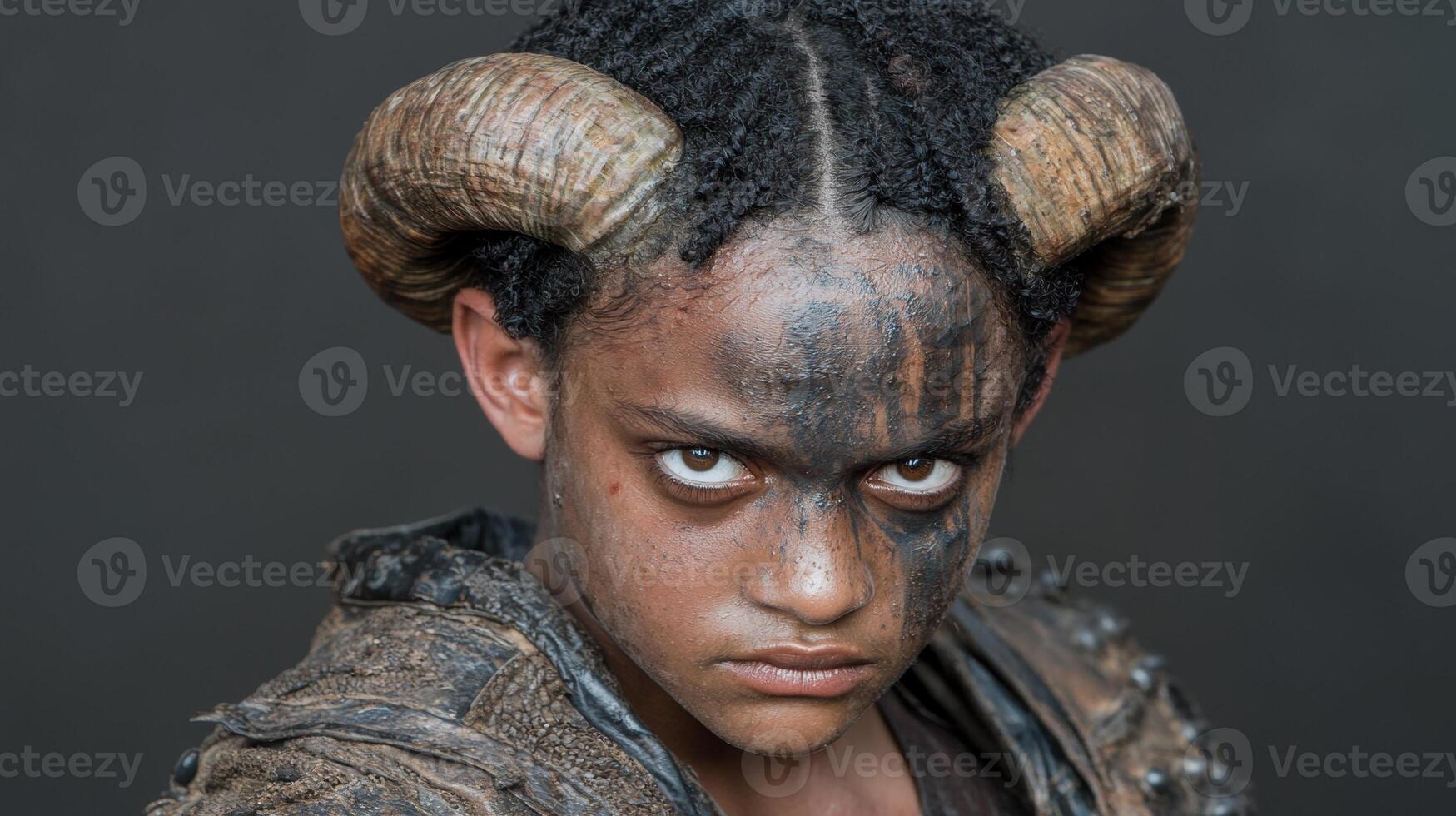 A young person with horns and face paint stares intensely at the camera photo