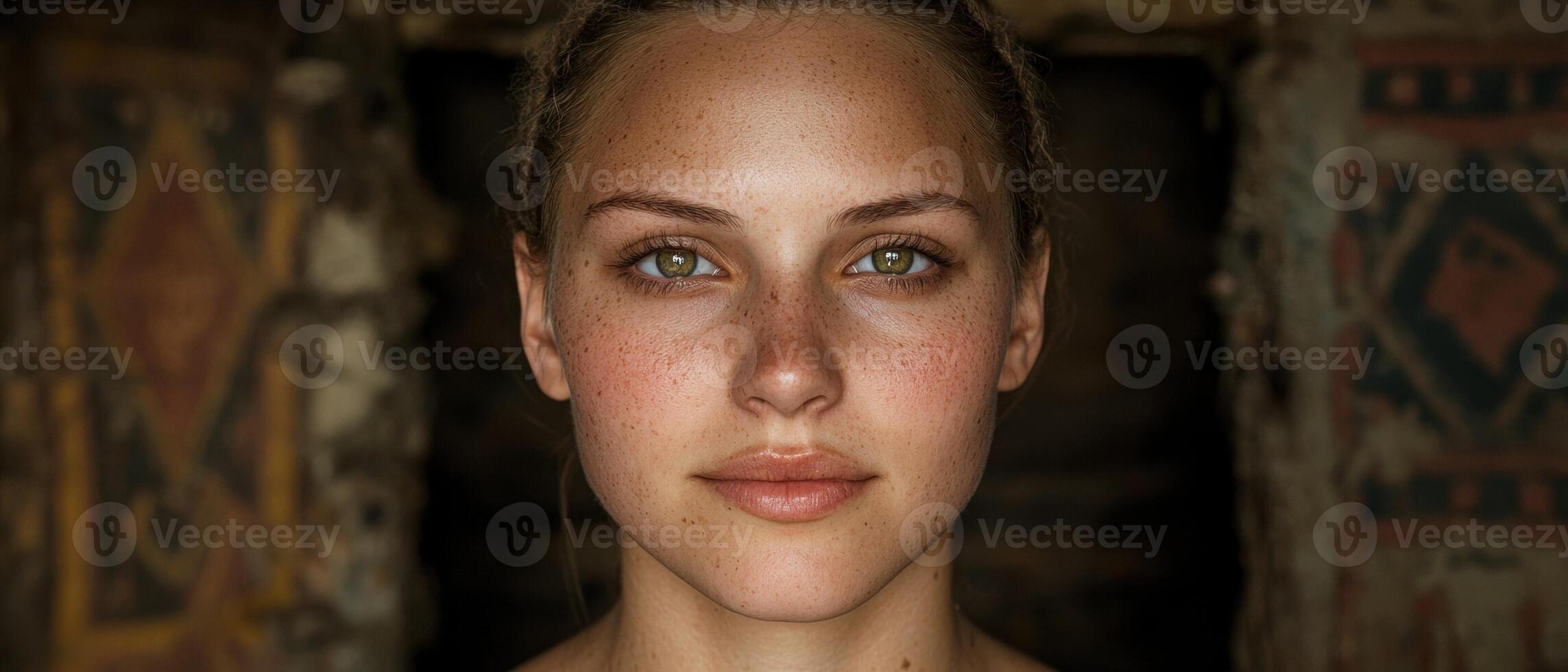 A close up portrait of a young woman with freckles. photo
