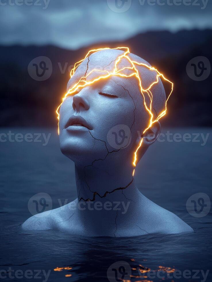 Surreal image of a cracked human head in water with glowing cracks photo