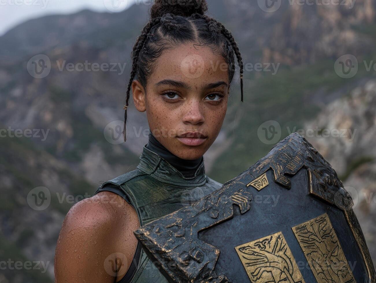 A strong young woman with braids holding a shield photo