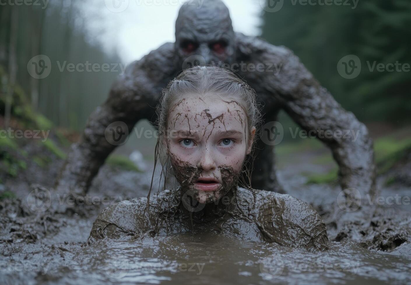 A young girl emerges from a muddy swamp with a monster behind her photo