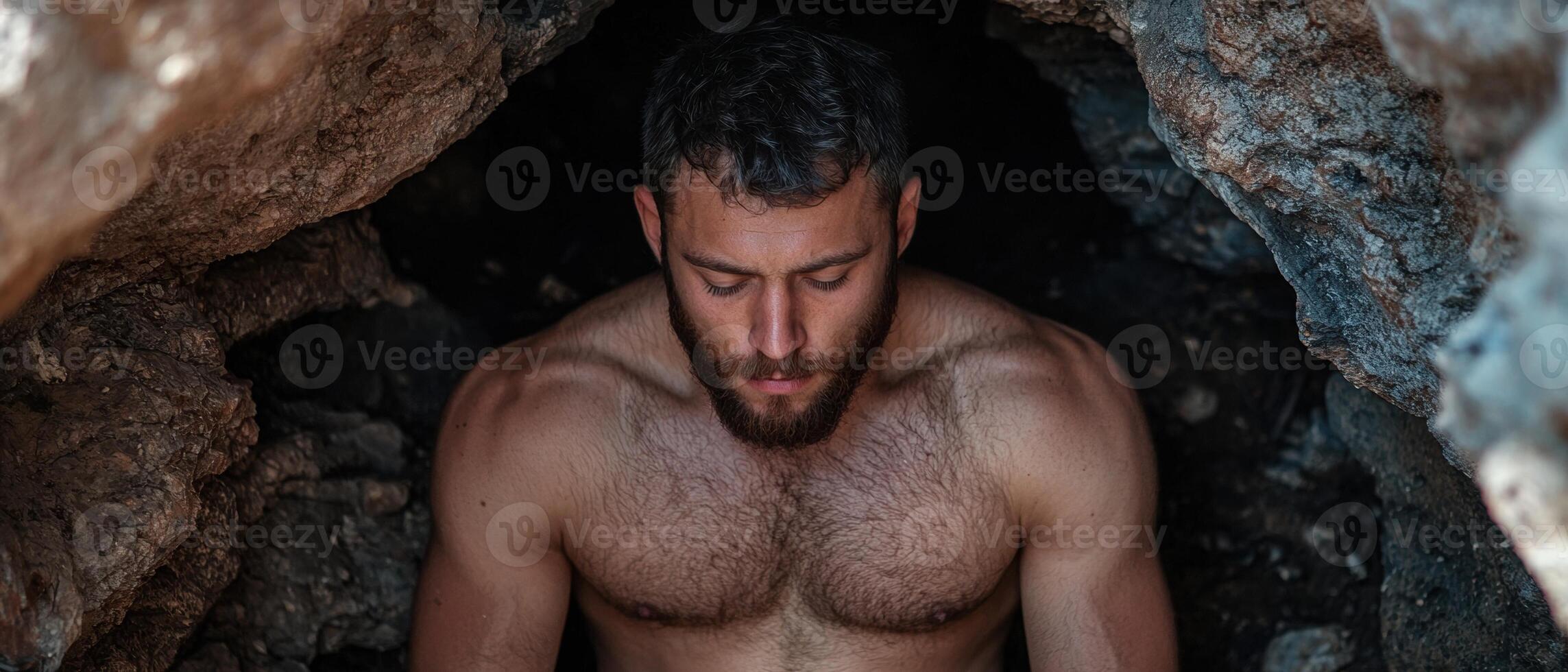Man with a beard looking down in a cave photo
