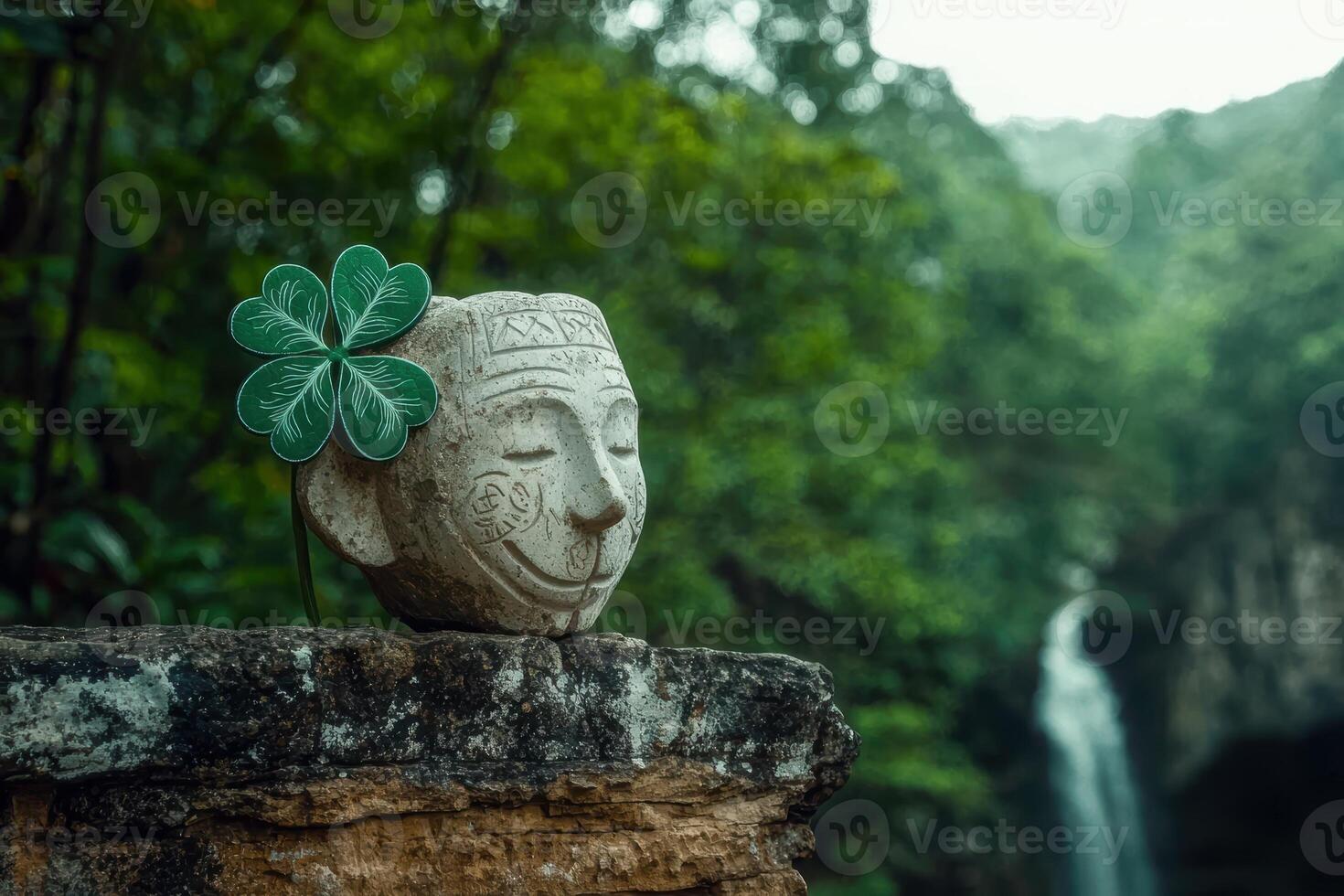 Stone head sculpture with a four leaf clover on a rock in a lush forest photo