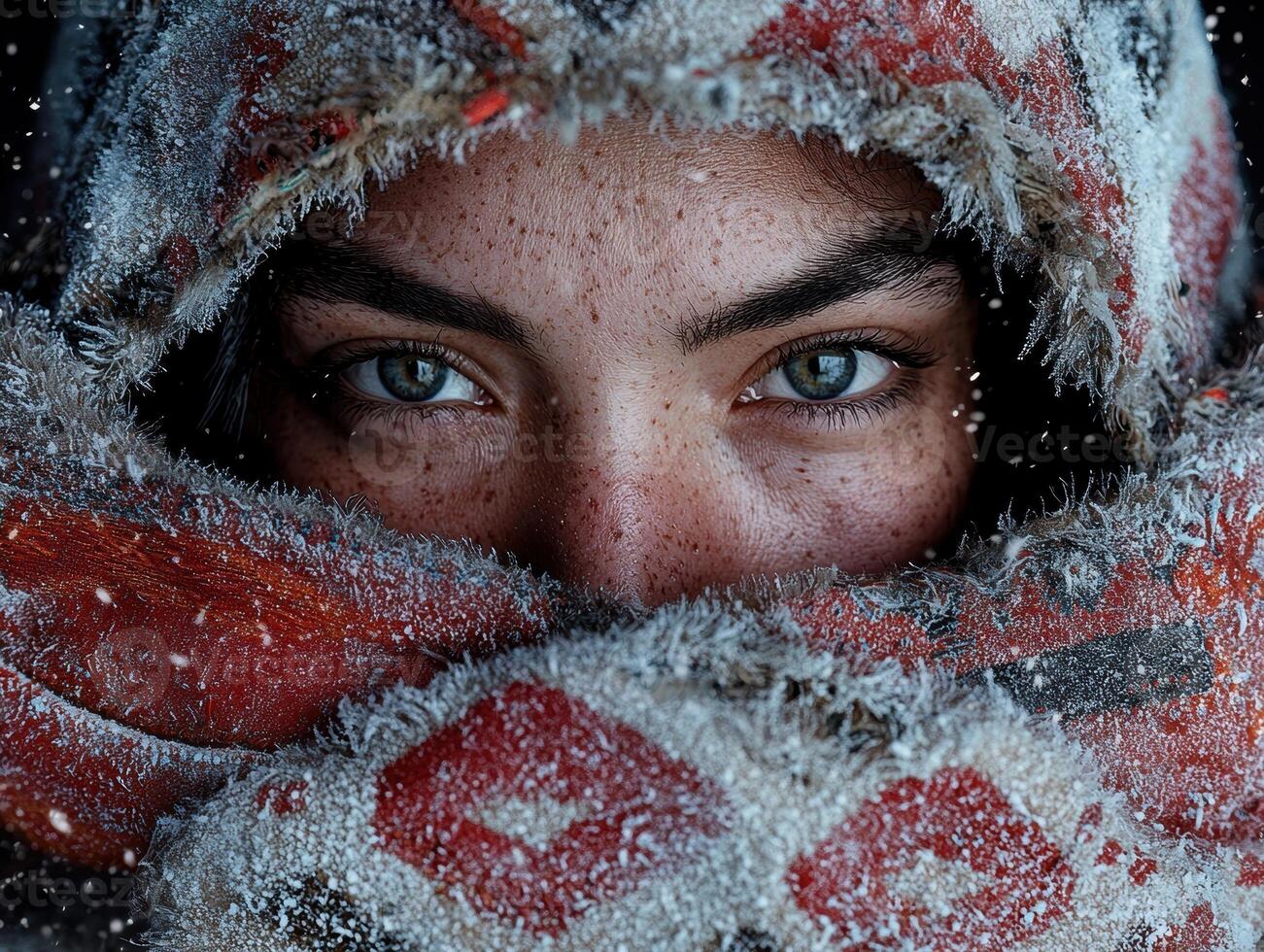 A womans face is partially covered by a warm, snow covered scarf photo