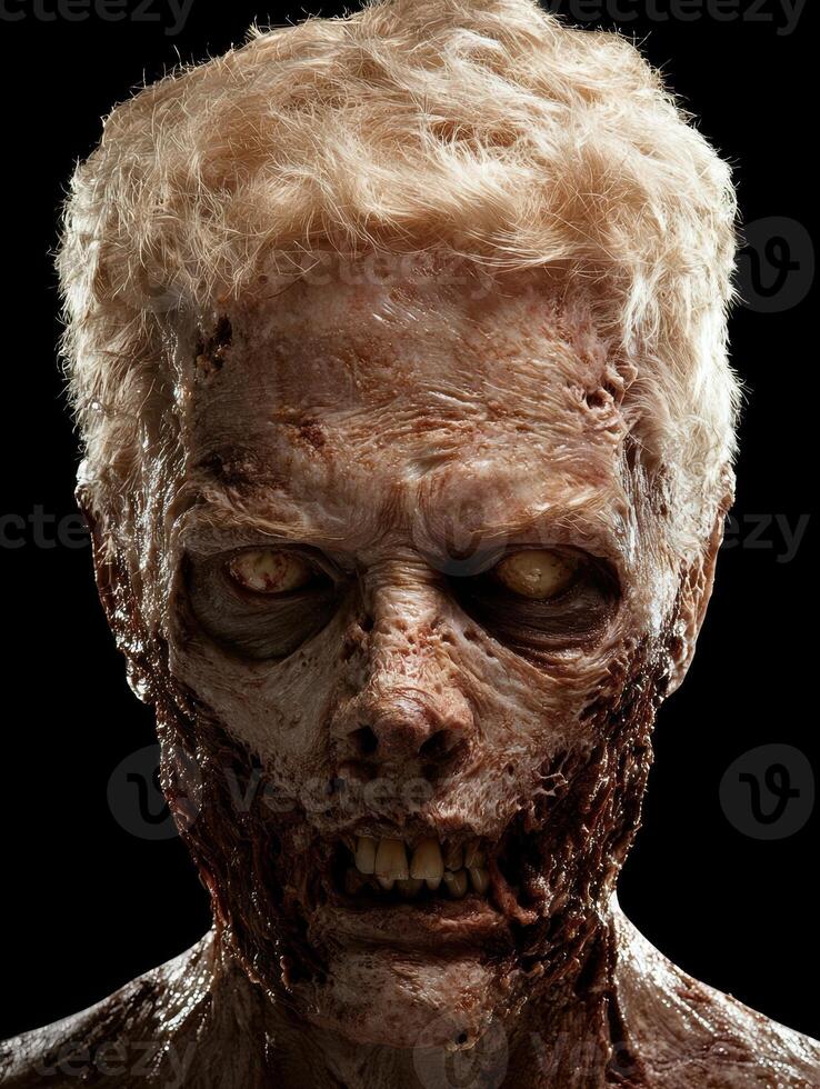 A terrifying zombie with decaying flesh stares intensely photo