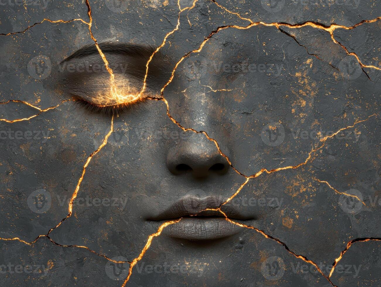 Cracked stone face with glowing fissures photo