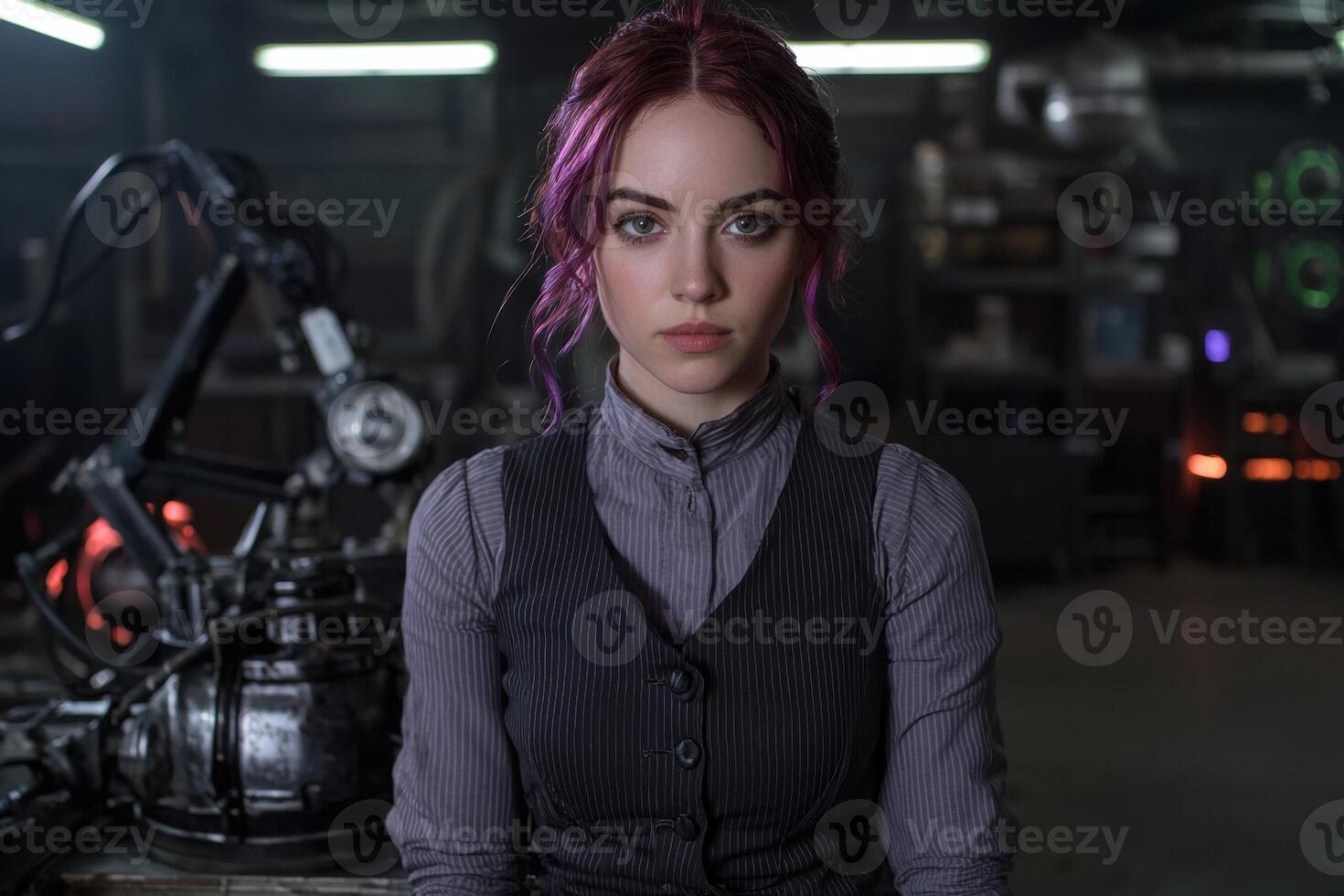 Woman with red and purple hair in a workshop photo