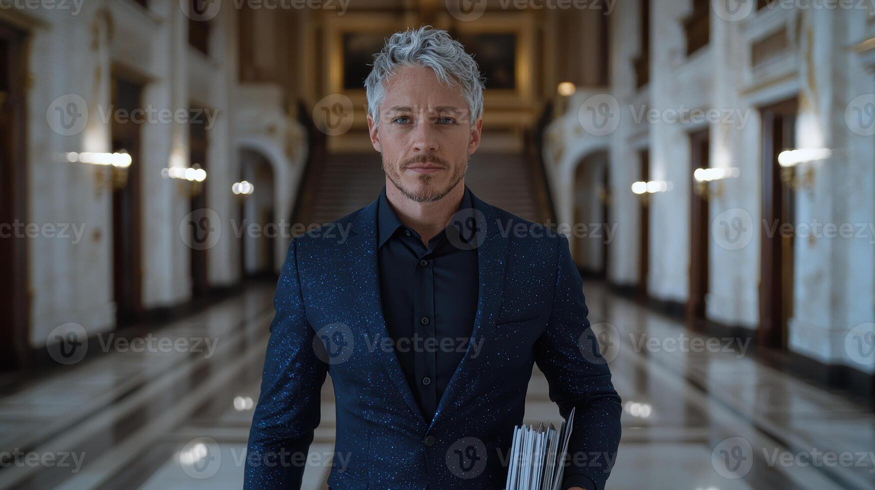 Man in a suit walking through a grand hall photo