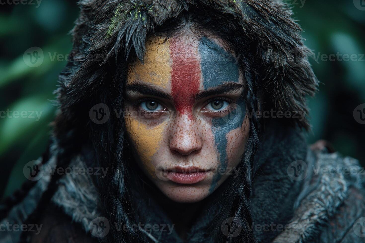 A striking portrait of a woman with tribal face paint and a fur headdress photo