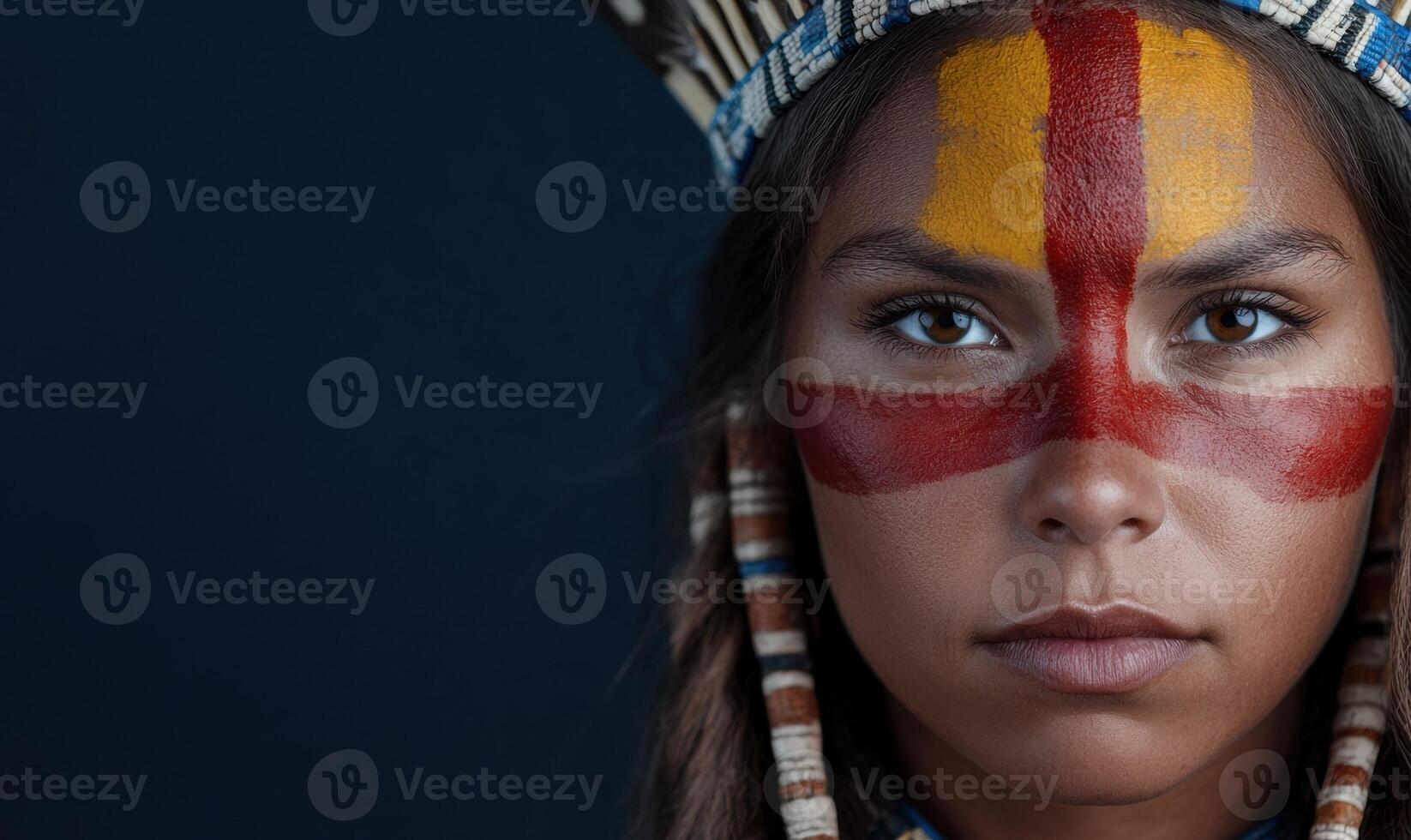 A portrait of a woman with traditional face paint and headdress photo