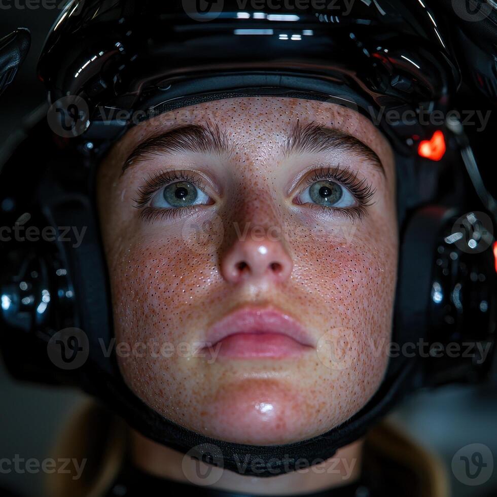 Focused woman wearing a helmet looking up photo