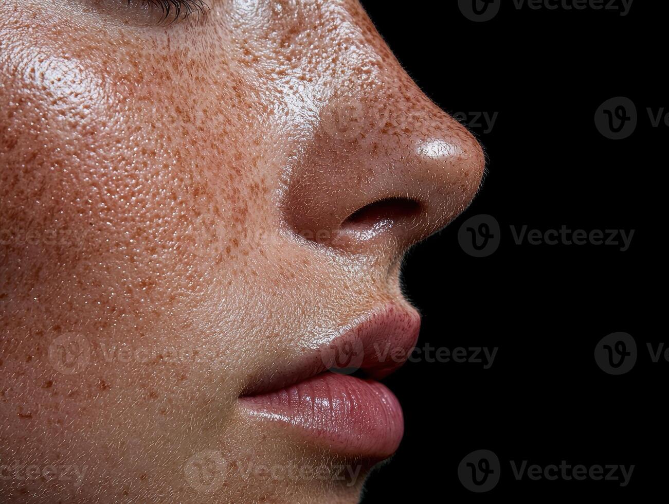 Close up of a womans face with freckles and dewy skin photo