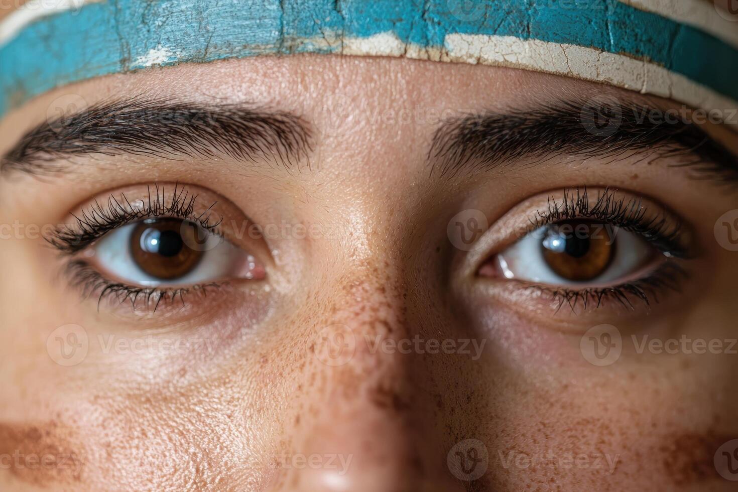 Close up of a persons face with a blue headband photo