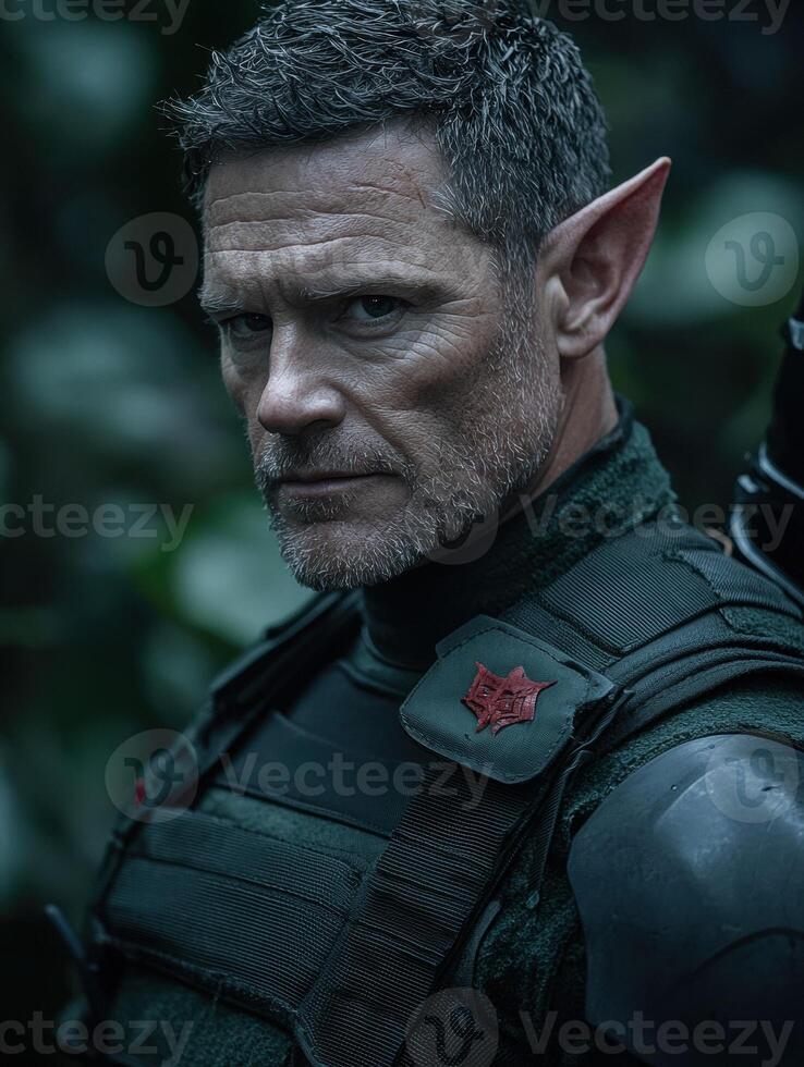 An elf soldier with a stern expression stands ready for battle photo