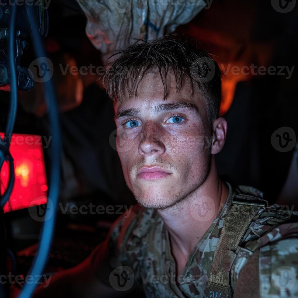 A serious soldier in camouflage uniform looking at the camera photo