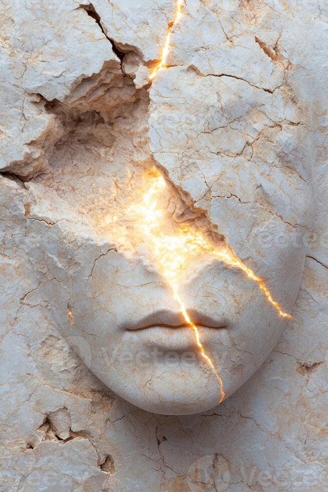 Stone face with cracks and golden light shining through photo
