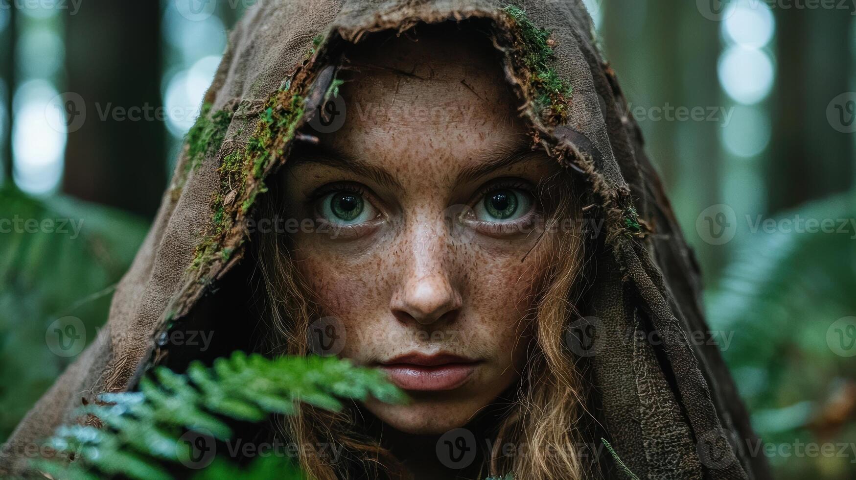 Portrait of a woman with freckles wearing a hooded cloak in a forest photo