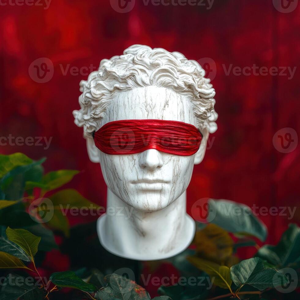 A blindfolded statue head surrounded by greenery against a red background photo