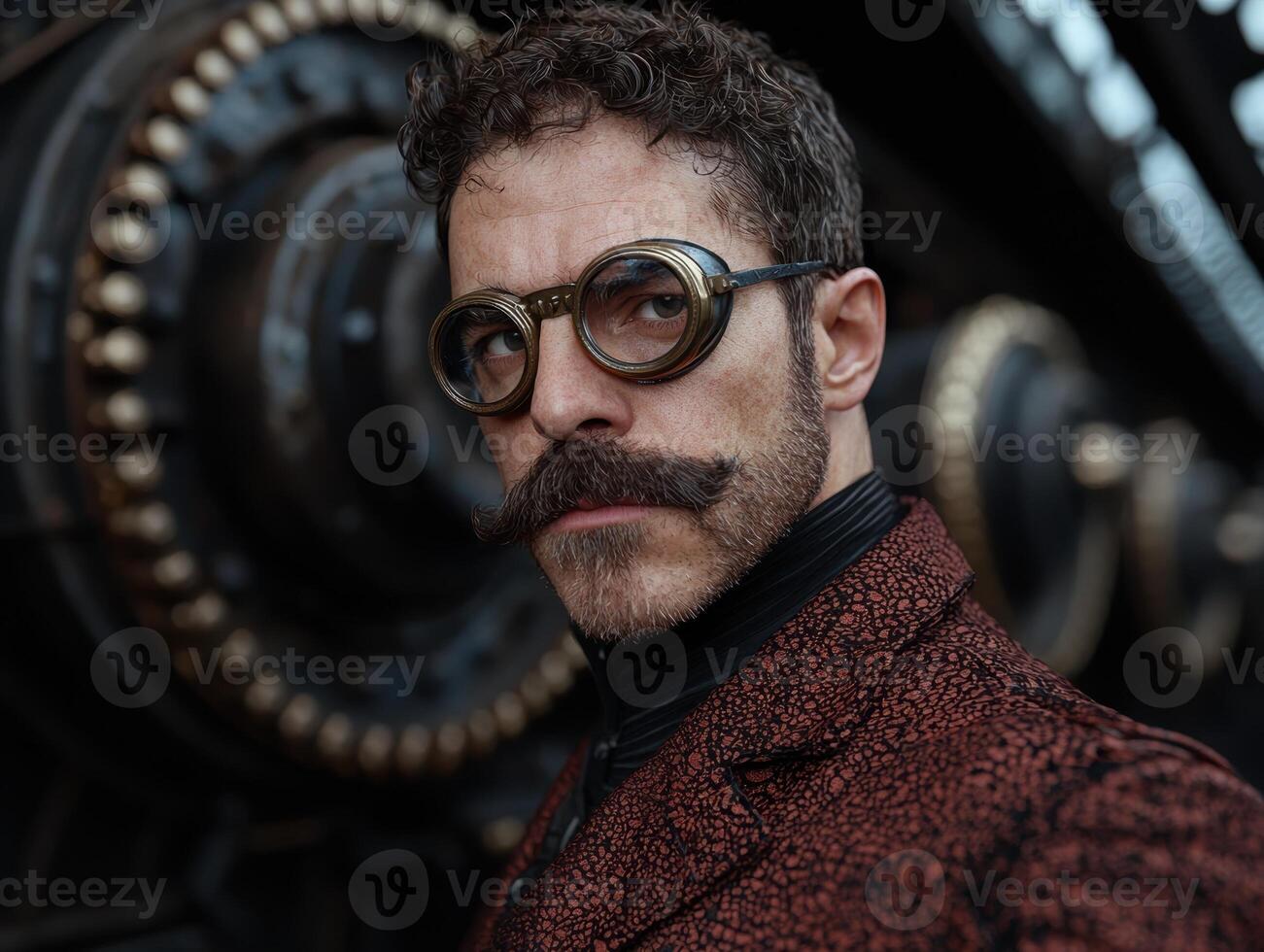 Man with goggles and mustache in a steampunk setting photo