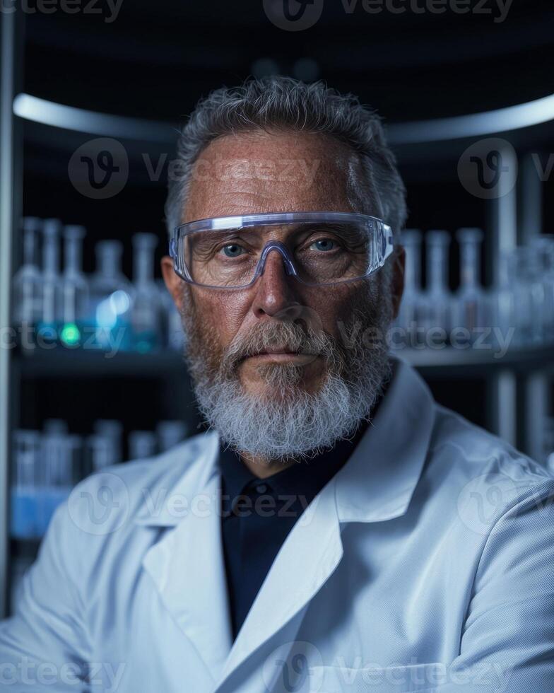 Scientist in lab coat and safety glasses in a laboratory photo