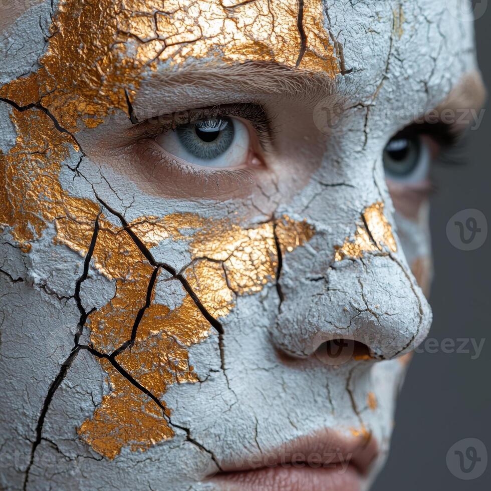 Person with cracked mud mask and gold leaf on their face photo