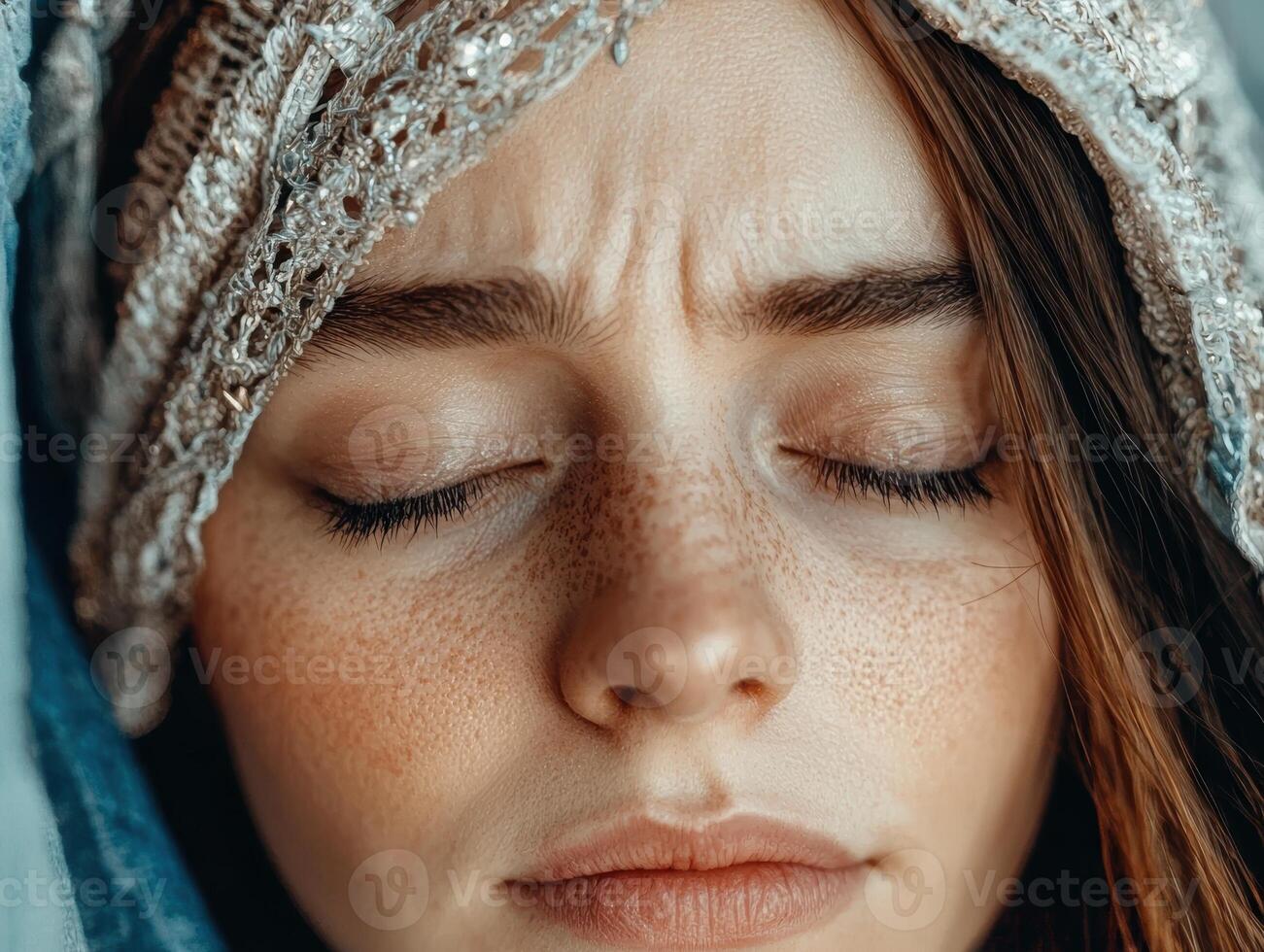 Close up of a woman with freckles meditating with eyes closed photo