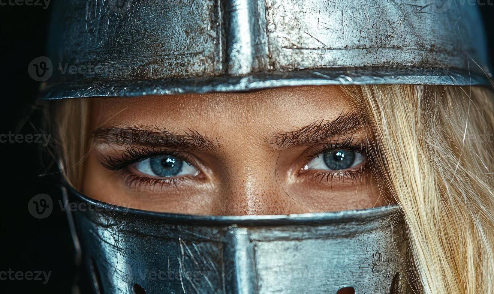 Close up of a womans face wearing a helmet photo