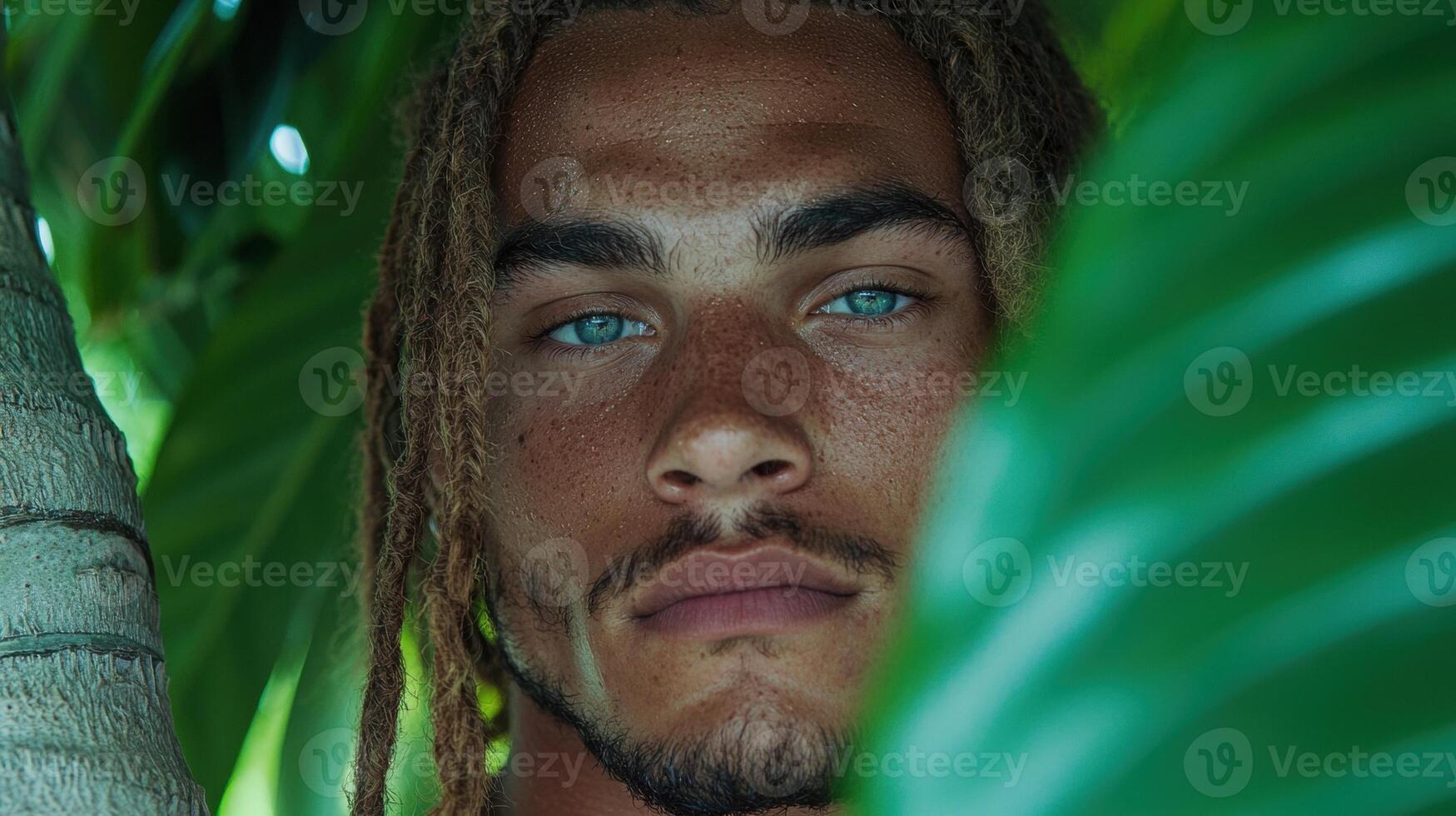 Close up portrait of a man with dreadlocks and blue eyes surrounded by green foliage photo