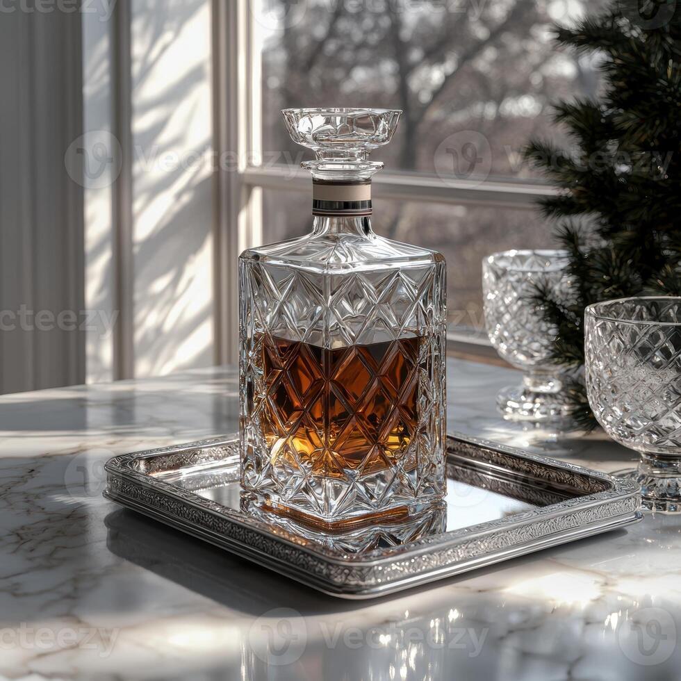 Crystal decanter with liquor on a silver tray photo