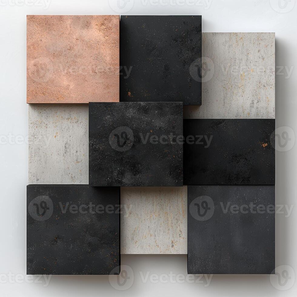 Abstract arrangement of textured square blocks in neutral tones photo