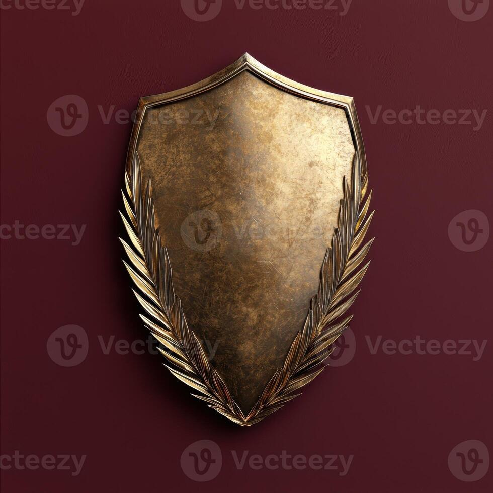 A golden shield with laurel wreath on a red background photo
