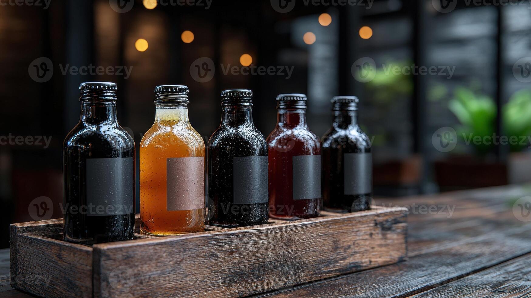 Five bottles of different colored drinks in a wooden box photo