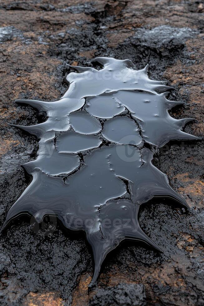 A pool of spilled oil on a rocky surface photo