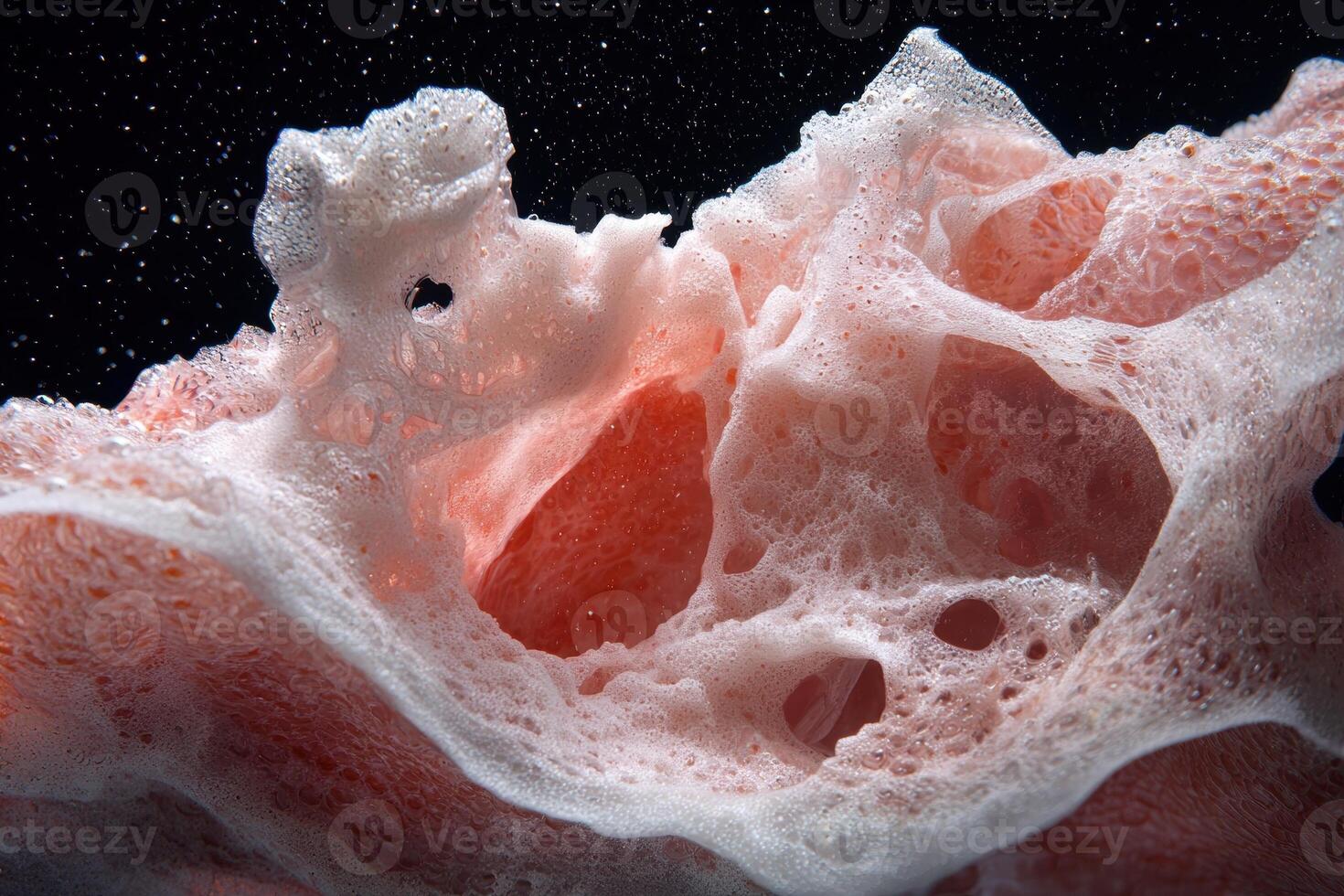 Close up of a porous, pink, sponge like structure against a dark background photo