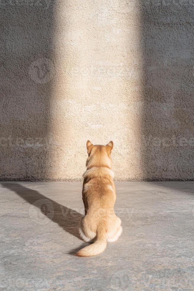 A dog sits in front of a wall in the sunlight photo
