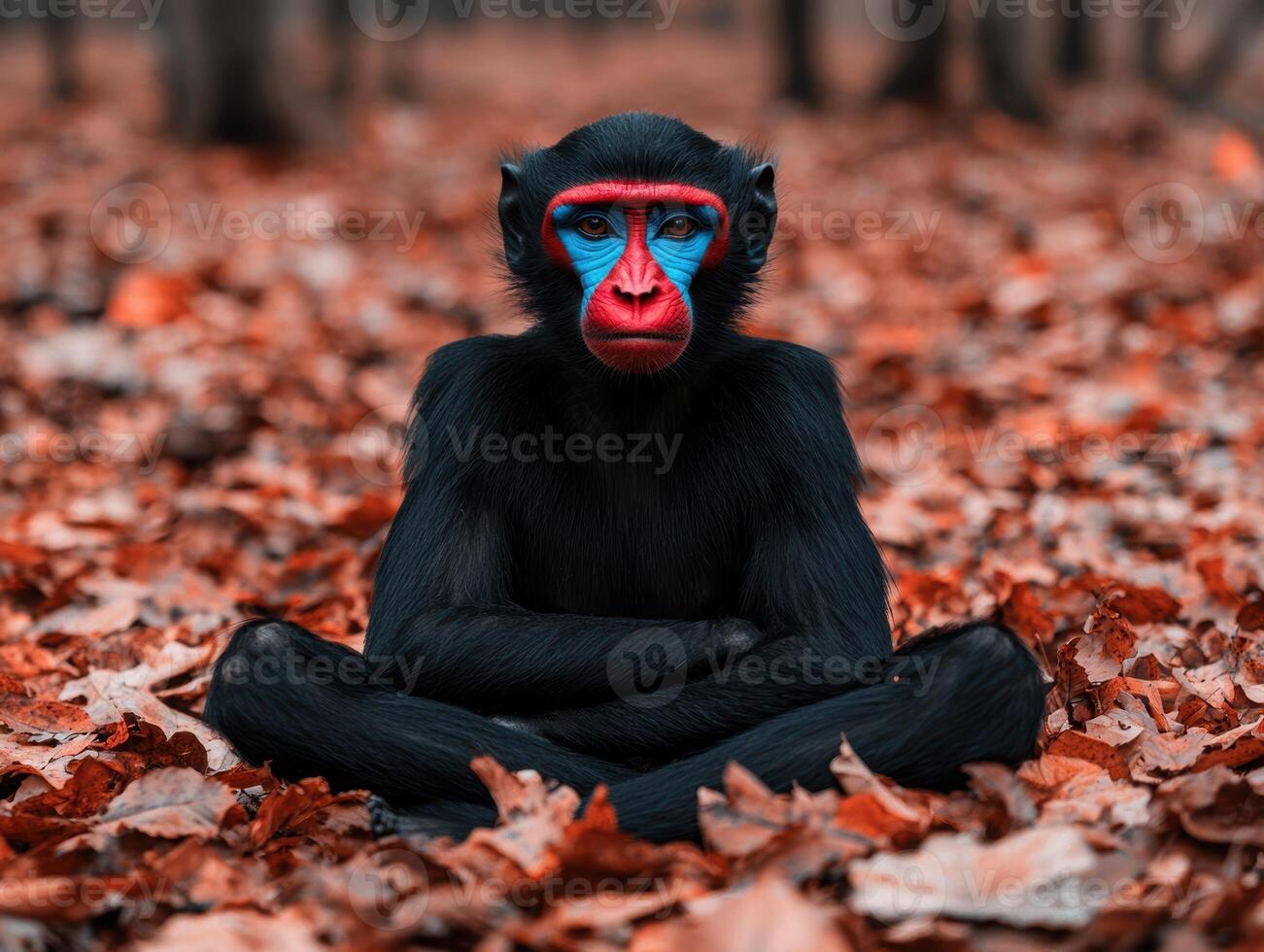 A colorful monkey sitting cross legged in a forest photo