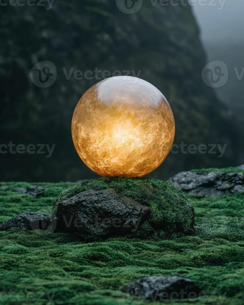 Glowing orb resting on a mossy rock in a misty landscape photo