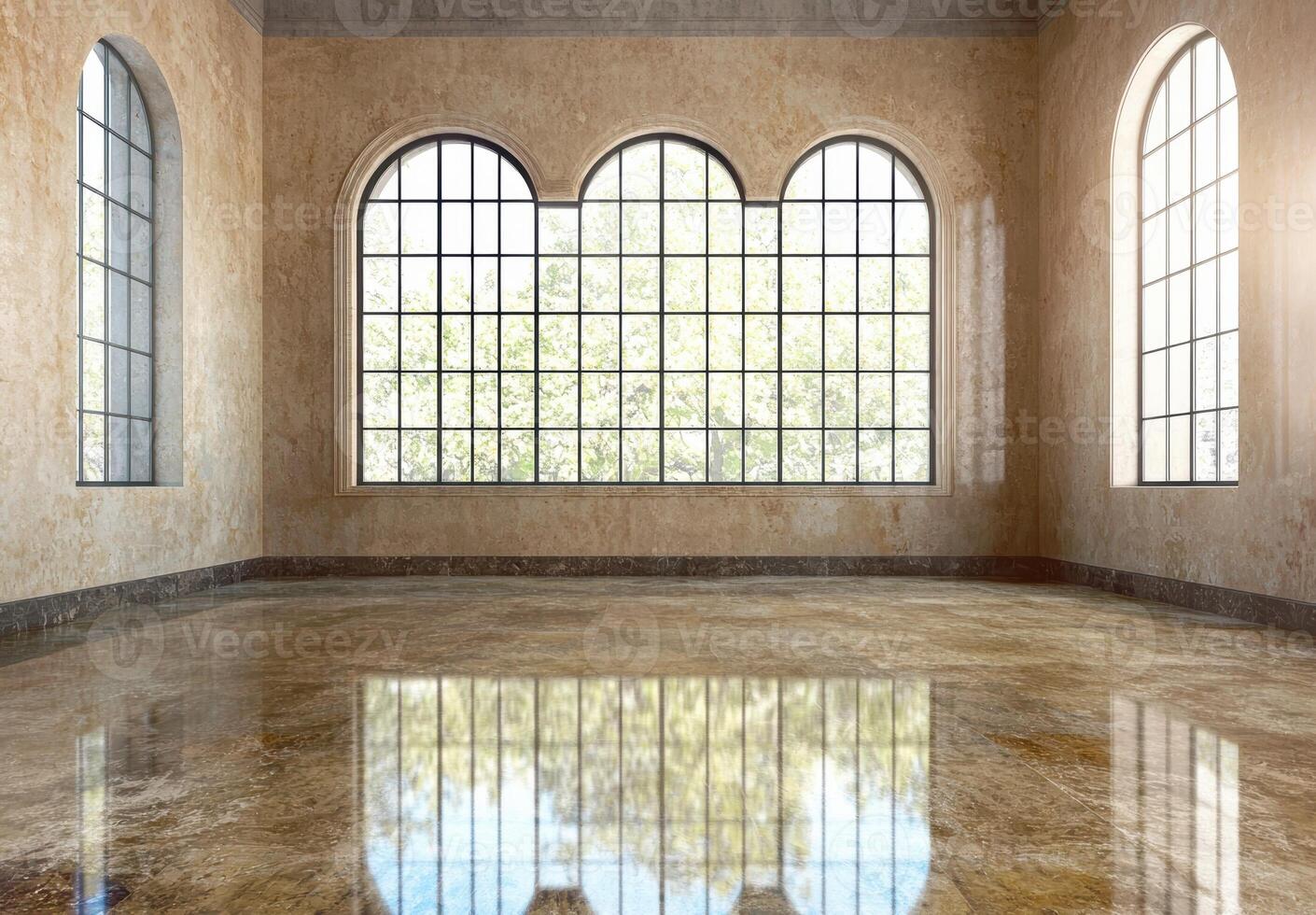 Empty room with large arched windows and marble floor photo