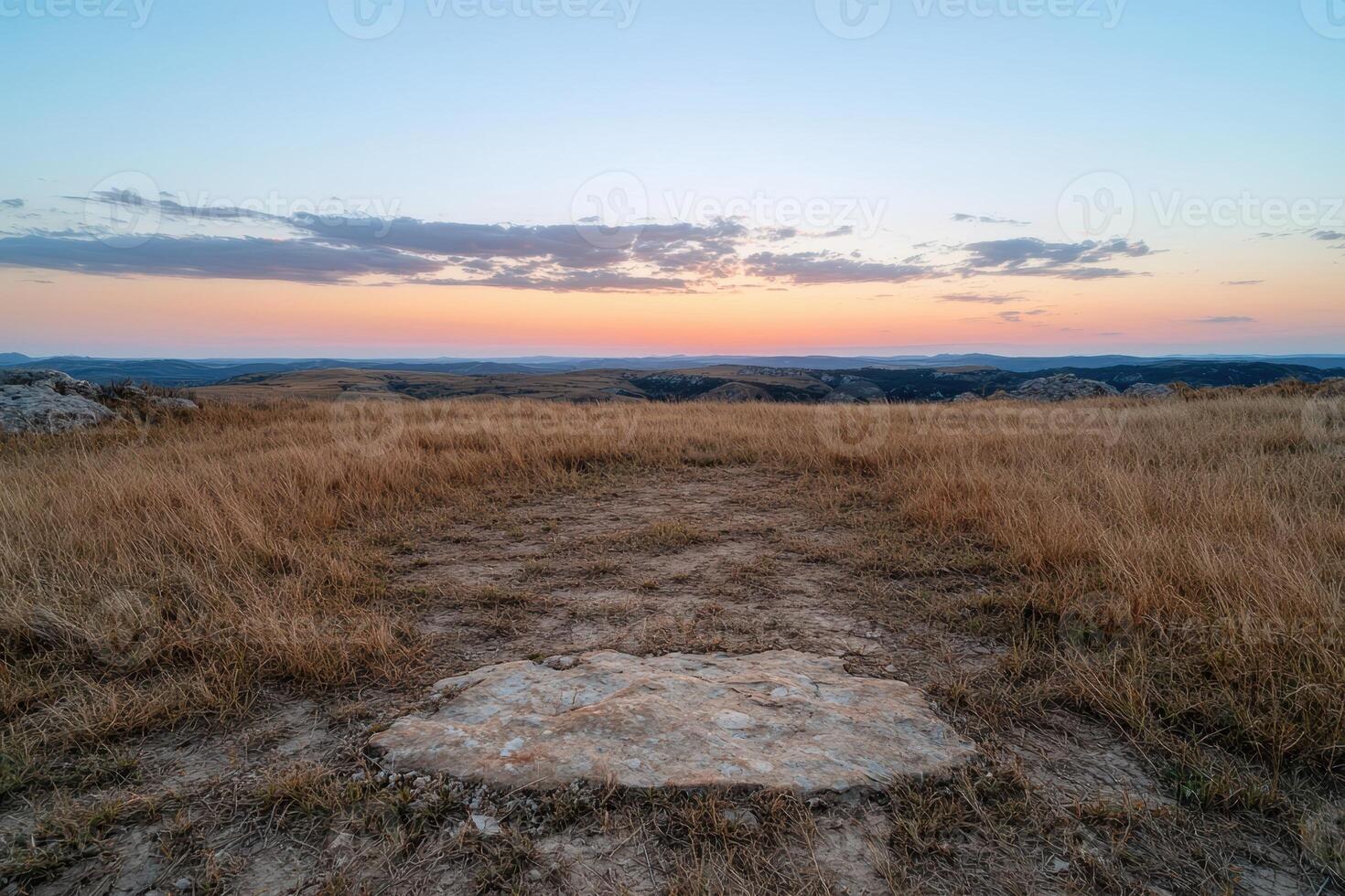 Golden grassland landscape at sunset with a large rock in the foreground photo