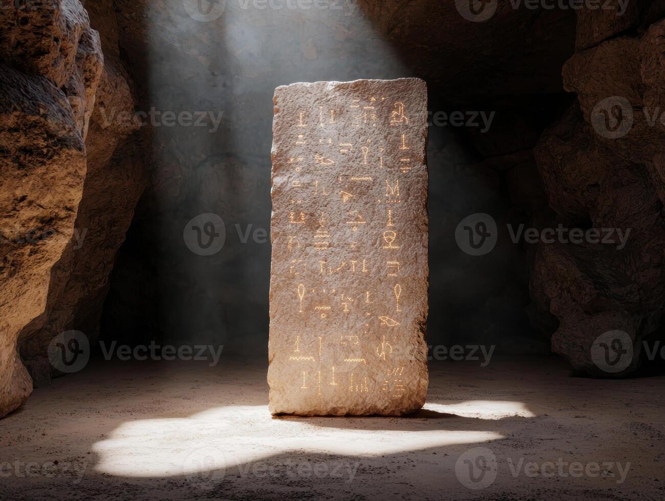 Ancient stone tablet with hieroglyphs in a cave illuminated by sunlight photo