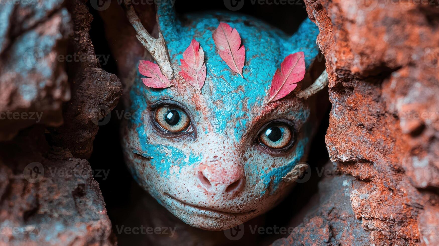 Fantasy creature peeking out of a hollow tree photo