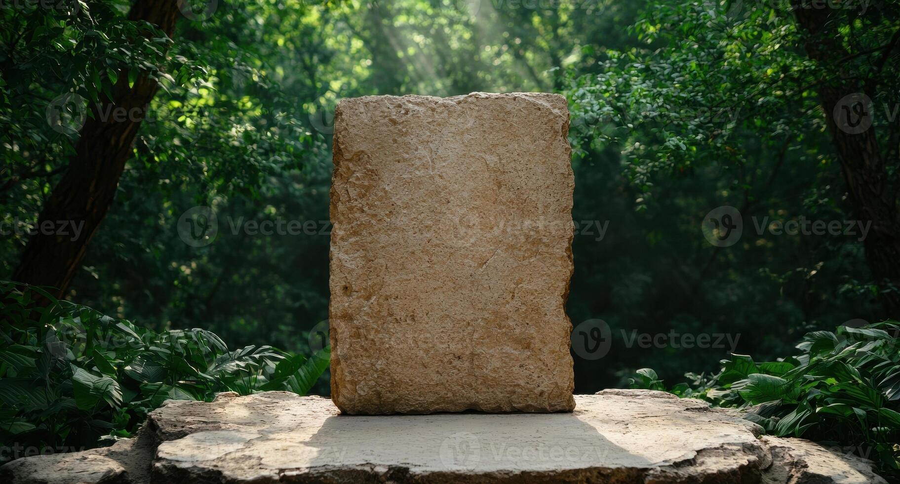 A stone slab stands on a rock platform in a lush green forest photo